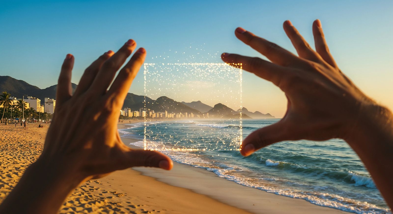 mão segurando um quadrado virtual representando inteligência artificial com a imagem de uma praia no plano de fundo referenciando a tropicalização