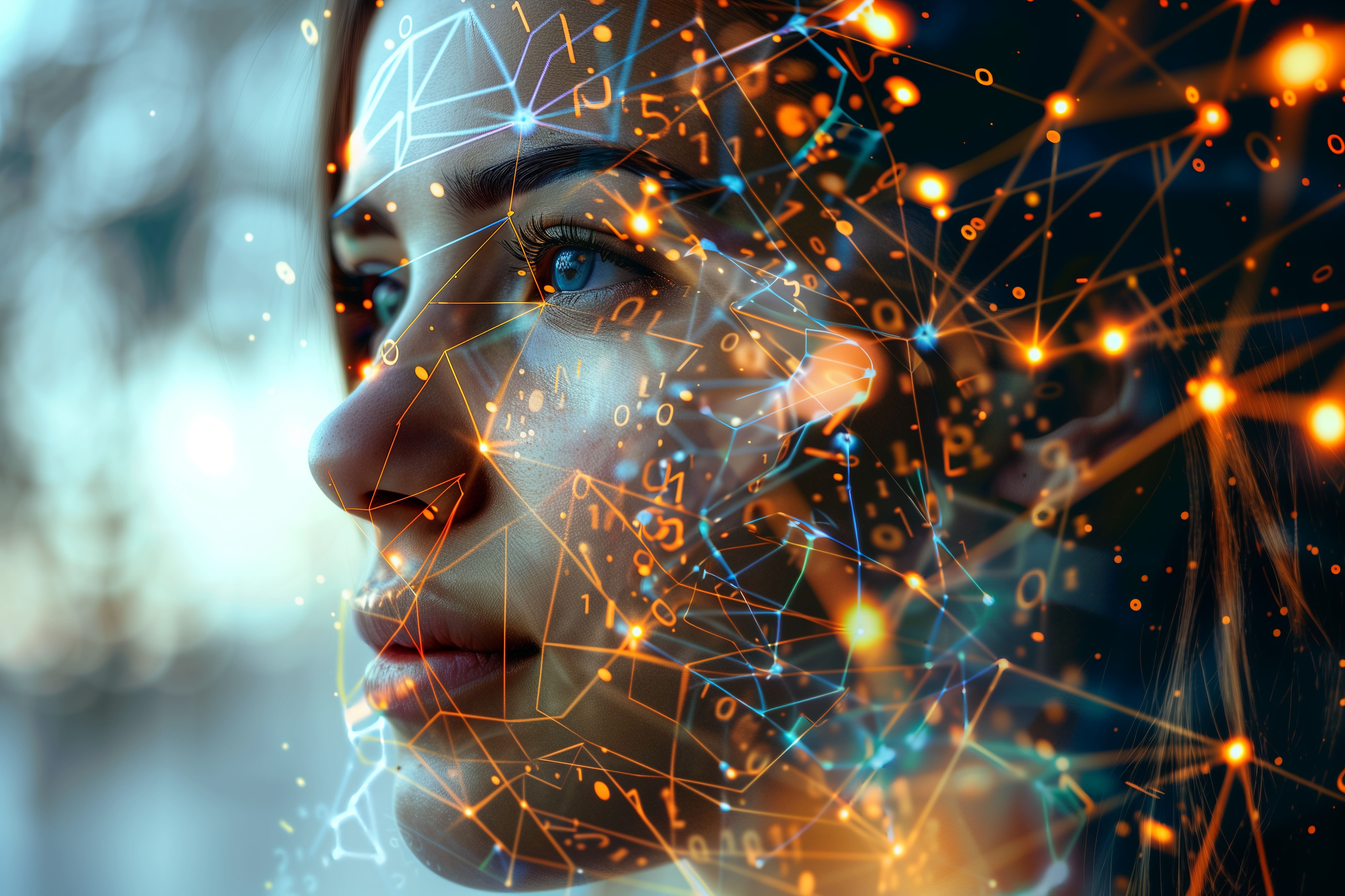 rosto de uma mulher com elementos sobrepostos que remetem tecnologia e ia generativa