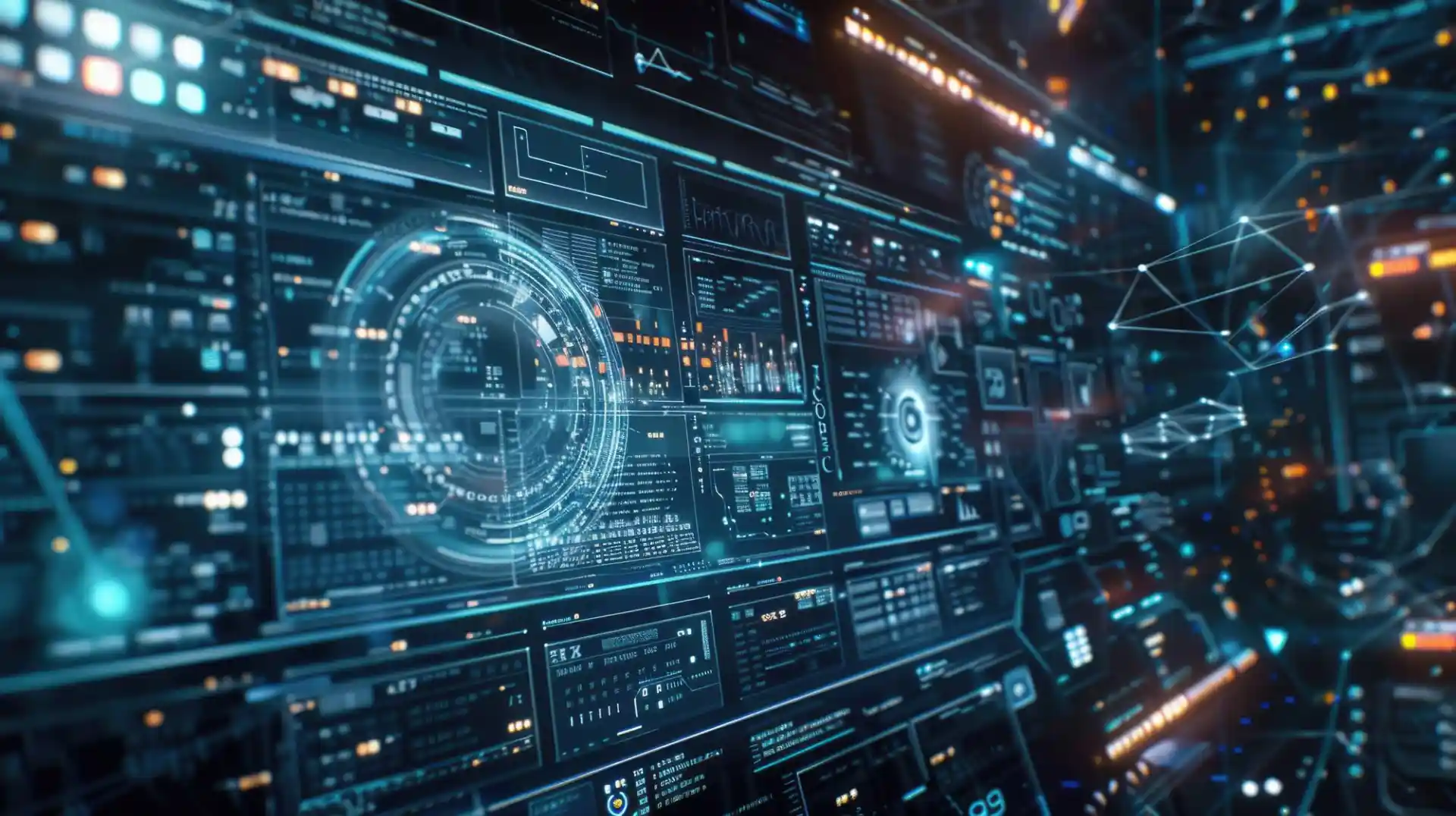 Imagem de uma interface de análise de dados com gráficos, dashboards digitais e elementos gráficos futuristas, representando a inovação tecnológica promovida pela arquitetura de dados (data architecture).