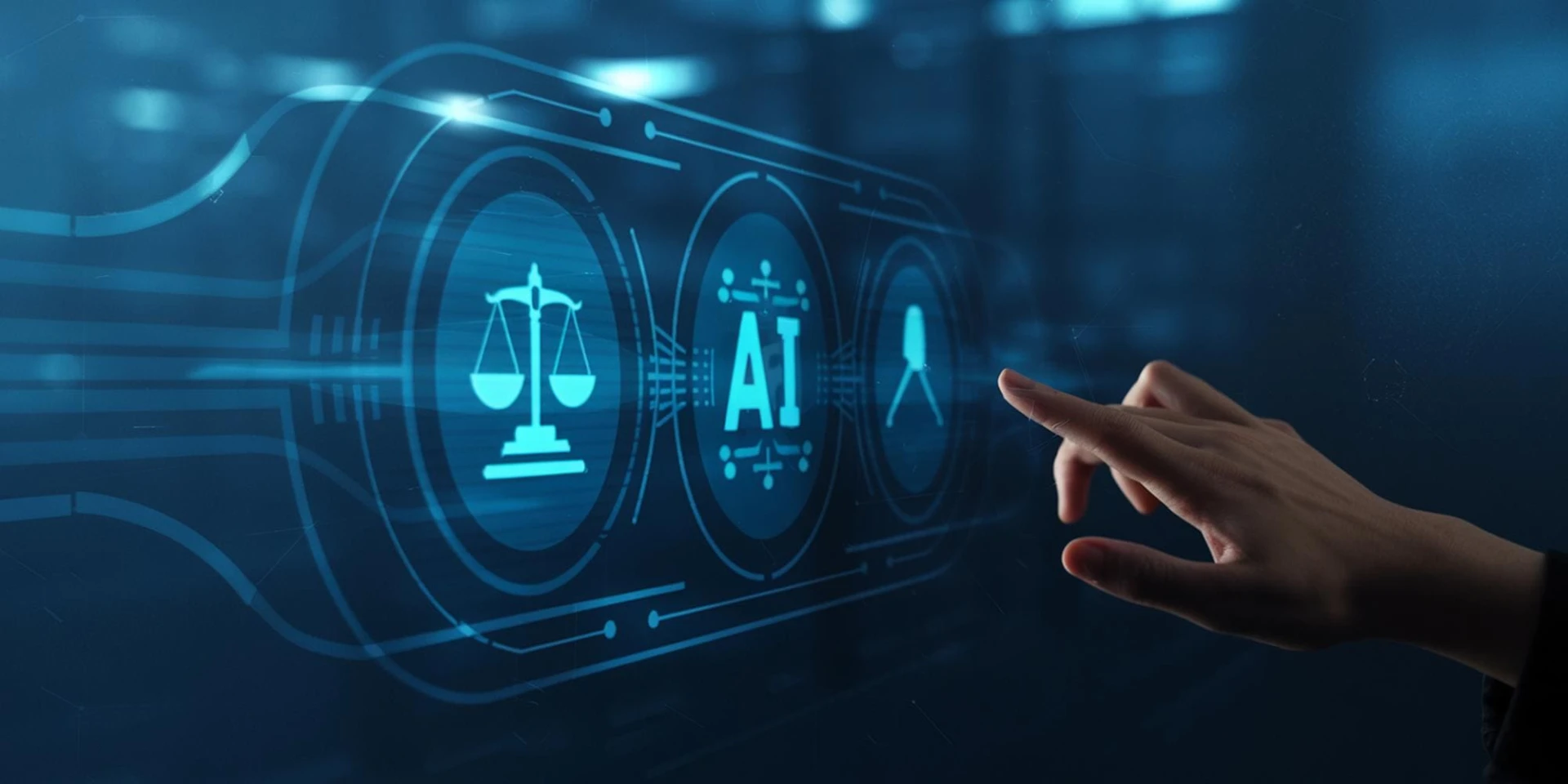 Montagem de inteligência artificial, de uma mão apontando para uma interface digital com ícones relacionados à governança de IA.
